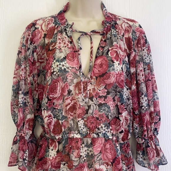 Zara - Red & Pink Floral See Thur Tie at Neck Blouse Size Small - Picture 6 of 9